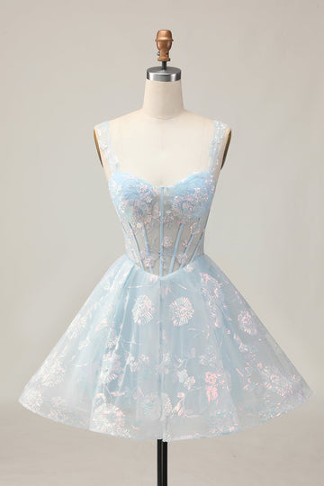 Sparkly Light Blue A Line Spaghetti Straps Corset Long Homecoming Dress